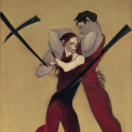 Prompt: by frank miller, by zinaida serebriakova maroon soothing. a performance art of two people, one a demon & the other a human, fighting each other with swords.