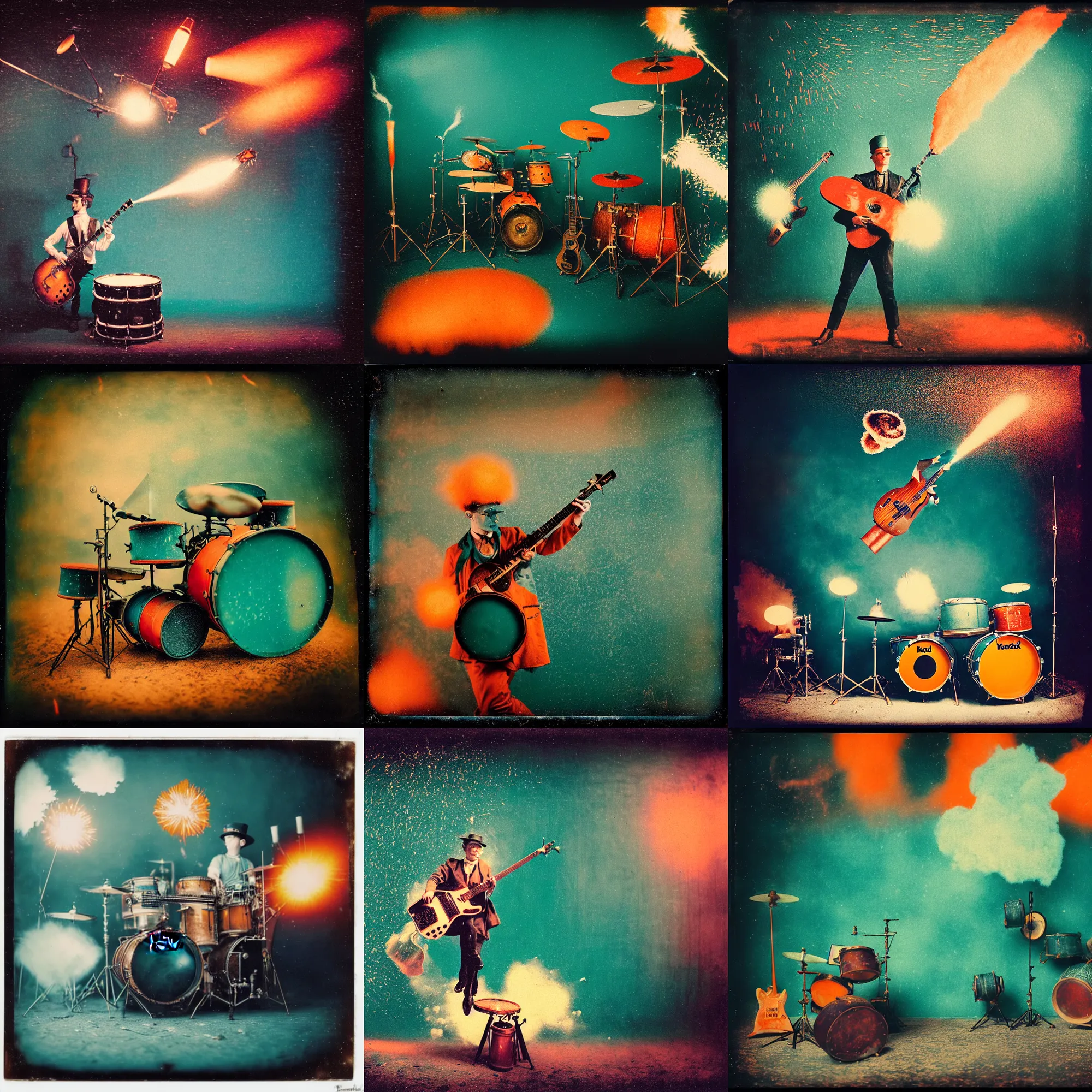 Prompt: kodak portra 4 0 0, wetplate, muted colours, teal orange, drum set, guitar, bass, 1 9 2 0 s style, motion blur, portrait photo of a backdrop, explosions, rockets, bombs, sparkling, stargazer, snow, fog, steampunk, by georges melies and by britt marling