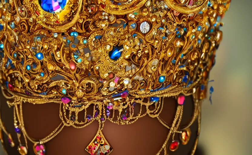 Prompt: Golden crown adorned with multicolored gems, hyperdetailed, artstation, cgsociety, golden hour 8k