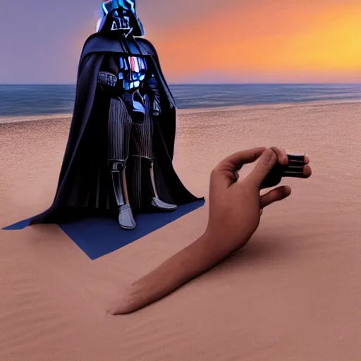 Image similar to beautiful serene intricate portrait of darth vader and darth vader taking a selfie, relaxing on the beach, golden hour, soft focus, 8 k, art by irakli nadar, hyperrealism, hyperdetailed, ultra realistic