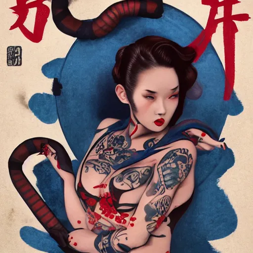 Prompt: super model with 1930s gas mask, Japanese yakuza tattoo all over her curvy body , blue and red tattoo, Vogue issue January, asian calligraphy style, painted by Tom Bagshaw , 4K, Art Station, Syn Mead, highly detailed, cinematic lighting