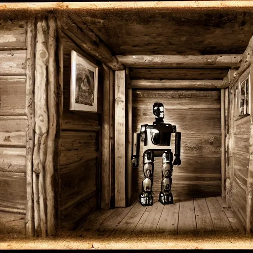 Image similar to humanoid robot in wood paneled room, underground room designed to look like log cabin, robot, tintype photograph