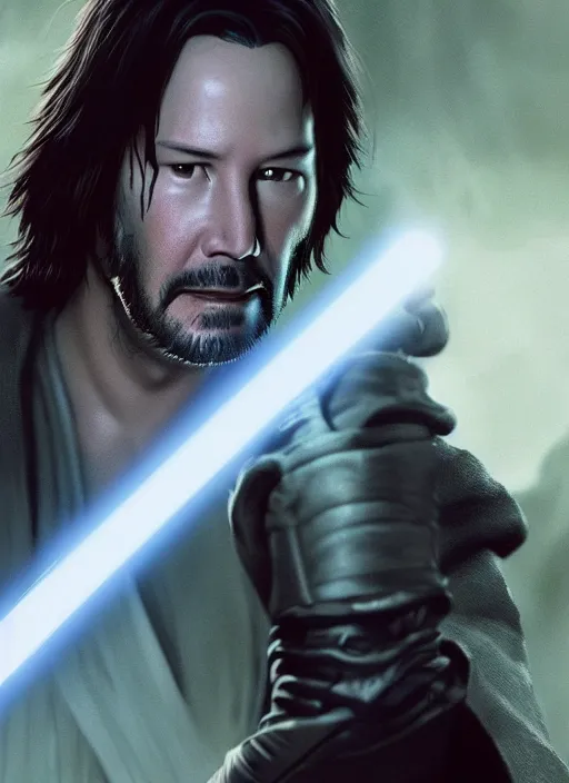 Image similar to close - up keanu reeves as a jedi holding a lightsaber, greg rutkowski, 8 k, shallow depth of field, intricate detail, concept art,