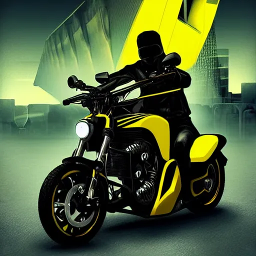 Image similar to cyber motorbikers by pascal blanche, black and yellow, dark neon trimmed beautiful dystopian digital art