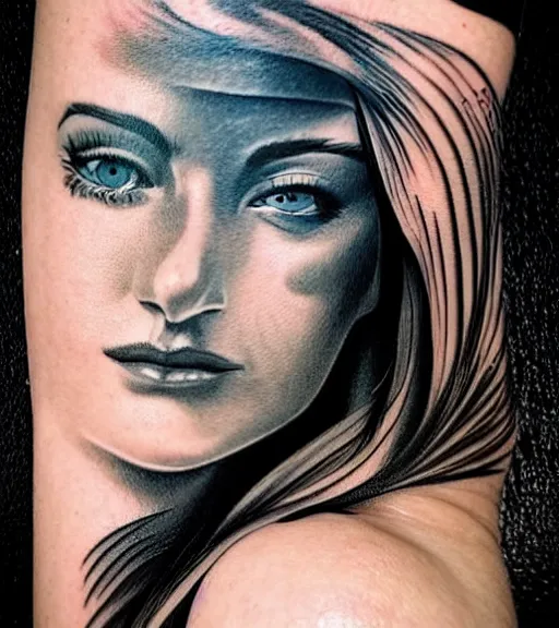 Image similar to tattoo design sketch of a beautiful blue - eyed woman face with a faded background of beautiful mountains and nature on her side, hyper - realistic, in the style of den yakovlev, amazing detail, black and white