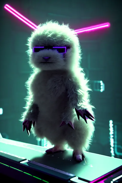 Image similar to high quality 3 d render sci - fi very cute neuromancer fluffy! mutant cow hybrid! playing keyboard, highly detailed, unreal engine cinematic smooth, in the style of blade runner & detective pikachu, hannah yata charlie immer, blue light, low angle, uhd 8 k, sharp focus