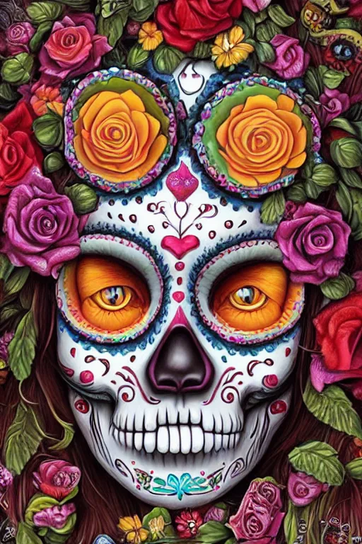 Prompt: illustration of a sugar skull day of the dead girl, art by naoto hattori