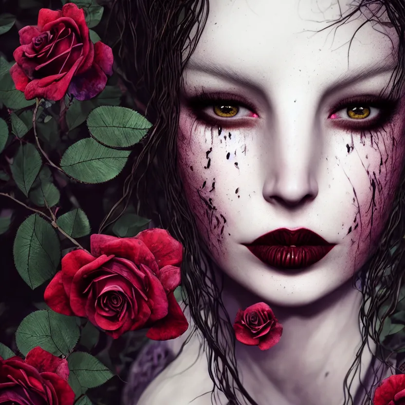 Image similar to single faced portrait of enchanting femenine witch, hyper attractive, seductive, very complex, hyper - maximalist, overdetailed, legendary cinematic, darkfantasy, archetype with timeless beauty breathtaking eyes, highly intricate, realism, roses, perspicious detail, silent hill aesthetic, photorealistic, lifelike, dslr 8 k, unbeatable coherency, octane render