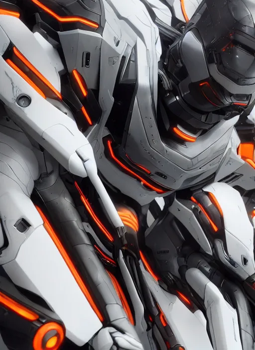 Image similar to a Photorealistic dramatic hyperrealistic full frame render of a Sleek futuristic exosuit Freedom Formula Racing Mech,Ultra realistic details,glossy white metal,Orange racing stripes,weathered surfaces,by Hidetaka Tenjin,Yoh Yoshinori,Yoji Shinkawa,Masamune Shirow,Beautiful dramatic dark moody tones and lighting,cinematic atmosphere,studio lighting,shadows,dark background, Octane render,8K