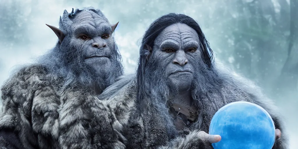 Image similar to Highly detailed portrait of a half-orc druid, wearing a long grey fur robe and holding a sphere of magical blue water 4k, soft focus