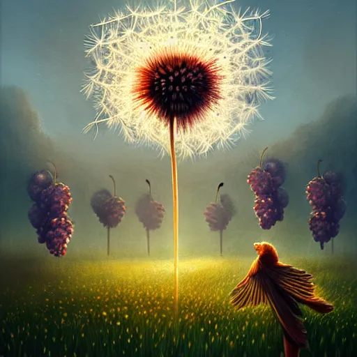 Prompt: cherries & grapes exploding in dandelion field, intricate, elegant, highly detailed, digital painting, artstation, concept art, smooth, sharp focus, illustration, by anato finnstark, boissb - blanca. j, cindy avelino, clint cearley, anna podedworna