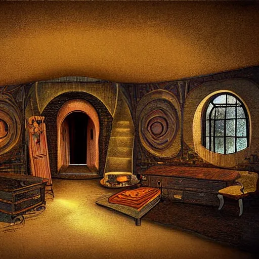 Image similar to art - deco interior of a hobbits house, digital art