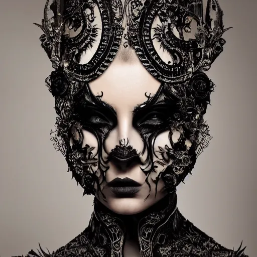 Prompt: a portrait of female model by stefan geselle and nekro borja, half face mask, photorealistic, intricate details, hyper realistic, dark fantasy, ornate headpiece, dark beauty, photorealistic, canon r 3, photography, wide shot, photography, dark beauty, symmetrical features, wide angle shot