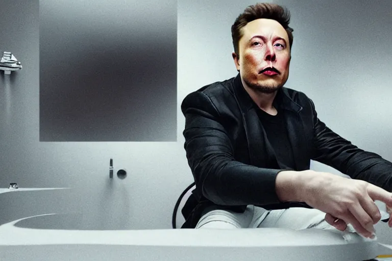 Image similar to hyperrealism aesthetic ridley scott and denis villeneuve style close - up photography of a detailed hyperrealism elon musk, siting on a detailed hyperrealism toilet and scrolling his detailed smartphone in hyperrealism scene from detailed art house movie in style of alejandro jodorowsky and wes anderson