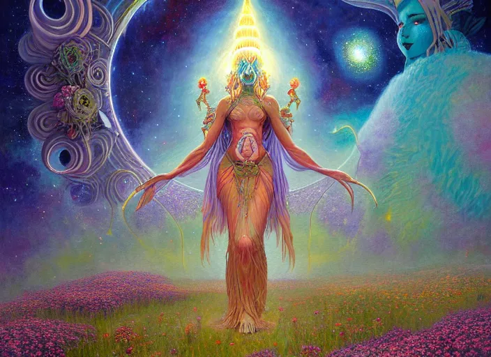 Image similar to a beautiful painting of a large alien godess emerging from a magical shrine shrouded by mystic nebula magic in a field of flowers by moebius and android jones, oil on canvas sharp, details, hyper - detailed, hd, hdr, 4 k, 8 k