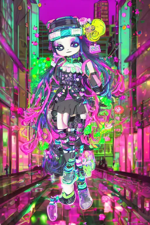 Image similar to cybergoth decora glitchcore yokai girl, sanrio ornaments, pastel cute cinematography | neo hong kong, rainy atmosphere, night time, bright lights, colorful signs, busy streets, high res, kowloon | old ancient chinese website full of spam. internet explorer window is glitching out. mum wtf