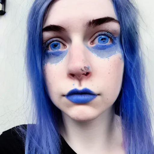 Image similar to a pale girl with piercing blue eyes and dyed blue hair, soft facial features, looking directly at the camera, neutral expression, instagram picture