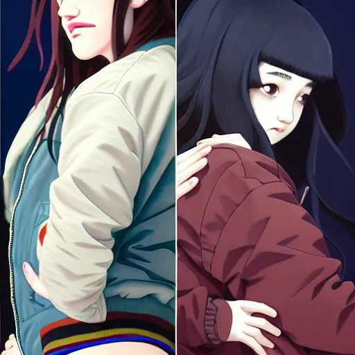 Image similar to a beautiful boyish kat dennings alluring gravure model, wearing oversized mayan bomber jacket and leotard with overalls, bulky poofy aztec native style bomber jacket with mayan patterns, gapmoe yandere grimdark, trending on pixiv fanbox, painted by greg rutkowski makoto shinkai takashi takeuchi studio ghibli, akihiko yoshida