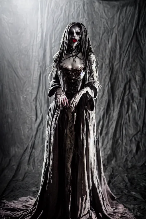 Image similar to dressed anya taylor - joy, a sinister demonic queen of cenobites, symmetrical, cinematic, elegant, demonic atmosphere, professional studio light, real dlsr photography, sharp focus, costume made by clive barker, real rotten flesh, blood and bones, 4 k, ultra hd, sense of awe