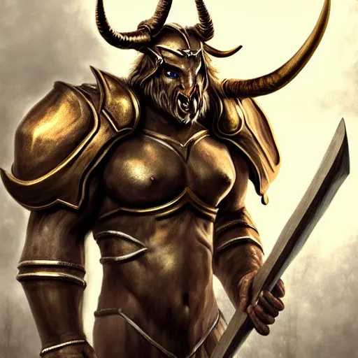 Image similar to Giant minotaur humanoid beast warrior with two handed axe, horned helmet, concept art, heavy white and golden armor, giant horns, portrait, dungeons and dragons, hyperrealism, high details, digital painting, dark fantasy