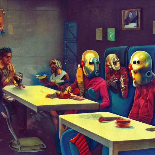 Prompt: postmodern era, social media age, a person sits in a high chair at a table staring delectably, a human moderator chewing on the arbitrary egregore of their community group, art depicting control freak, trending, artstation