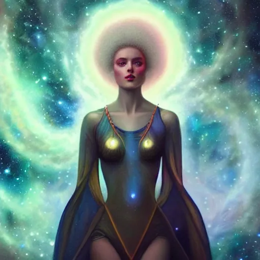 Prompt: a beautiful portrait of a galaxy goddess by Tom Bagshaw, Trending on Artstation, nebula background