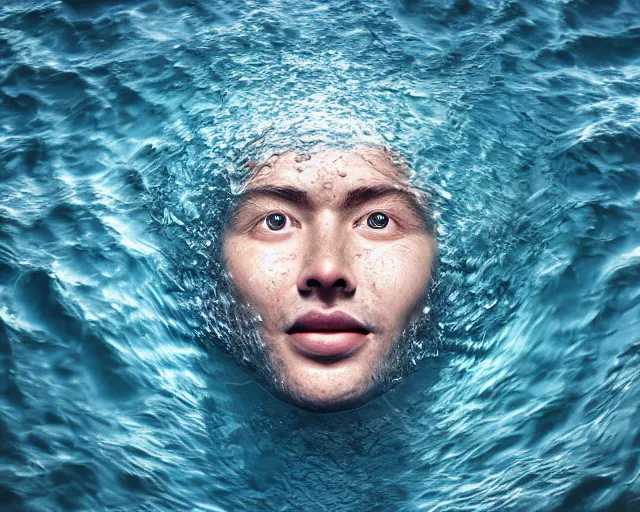 Image similar to water art manipulation of a surreal human head with open eyes burried in the ocean, shot from the top, hyper realistic, ray tracing, realistic water, sharp focus, 8 k resolution, cinematic