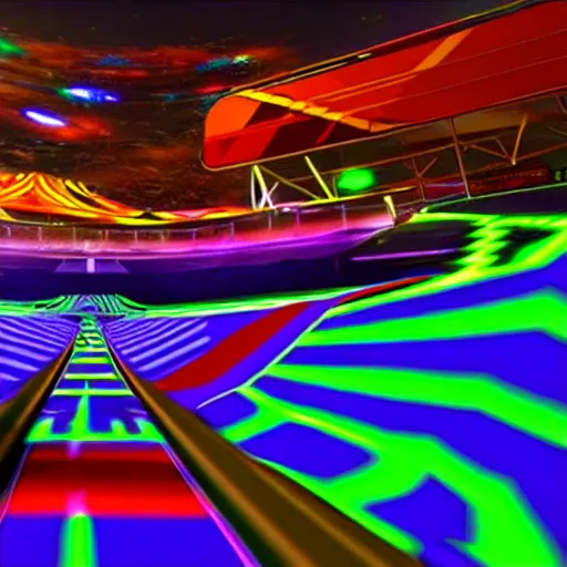 Image similar to a psychedelic racing track in unreal engine, very high detailed, in a game, cinematic view