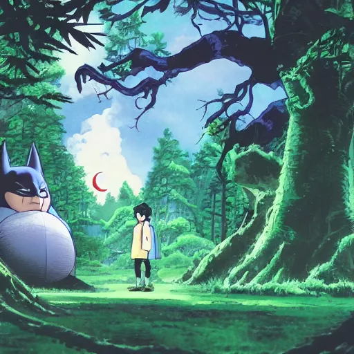 Image similar to Batman in the magical forest by Studio Ghibli, 4k