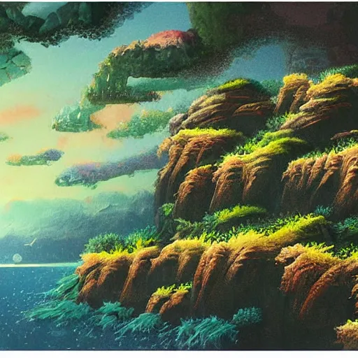 Image similar to detailed painting of a lush natural scene on an alien planet by tojiro oshita. beautiful landscape. weird colourful vegetation. cliffs and water.