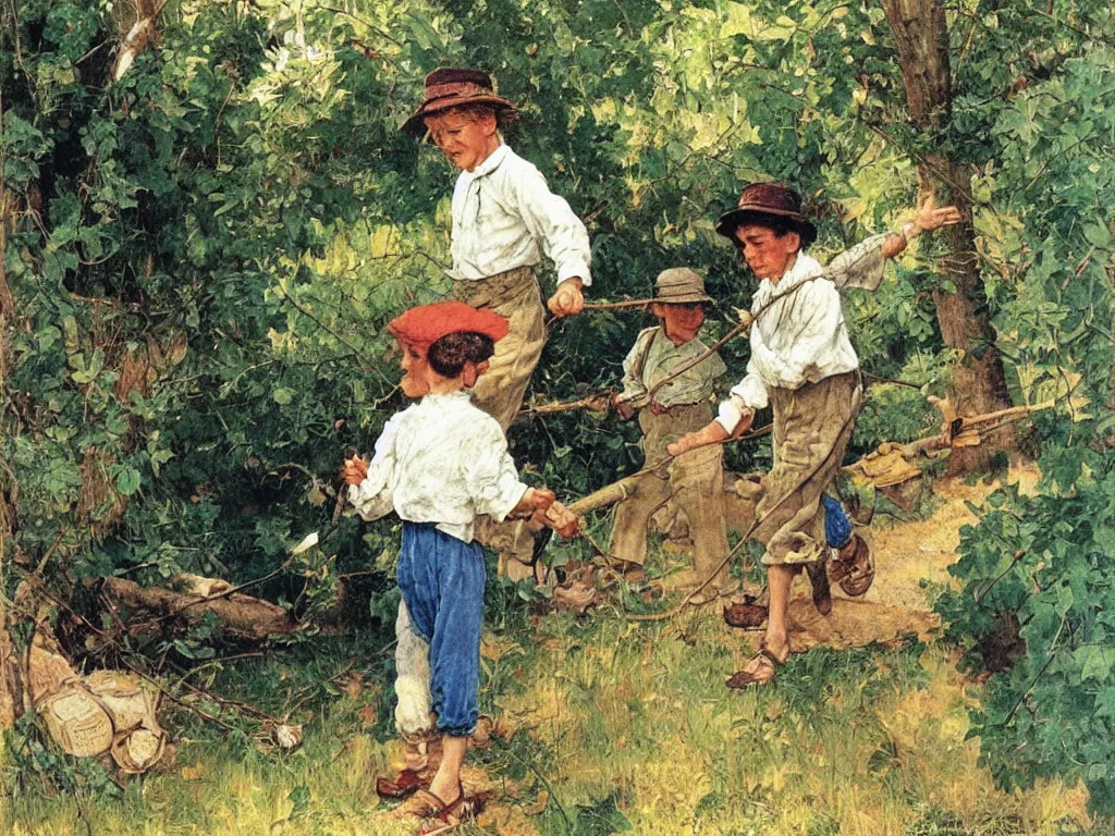 Image similar to the adventures of tom sawyer and huckleberry finn, illustrated by norman rockwell, playful, naturalistic, simple life, mississippi, colorful, landscape