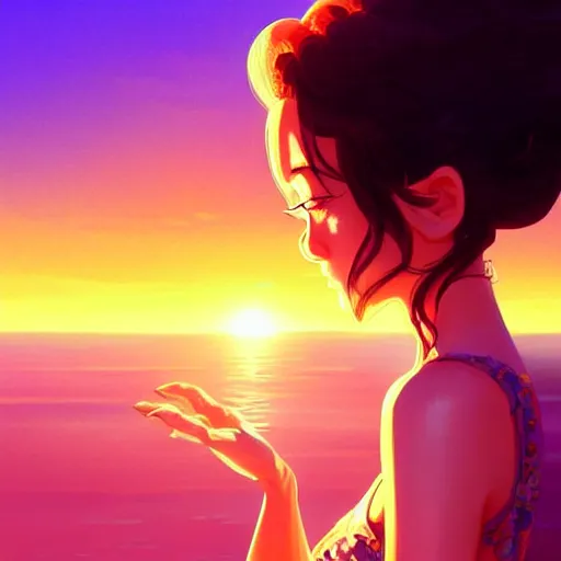 Image similar to Emmy Rossum, sunset, intricate, highly detailed, digital painting, artstation, official media, anime key visual, concept art, rich vivid colors, ambient lighting, sharp focus, illustration, art by Artgerm, Makoto Shinkai, Ilya Kuvshinov, Lois Van Baarle, and Rossdraws