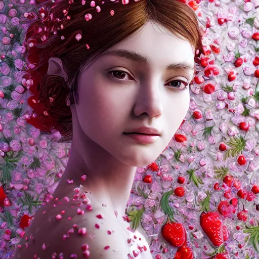 Image similar to the portrait of an absurdly beautiful, graceful, elegant, sophisticated, fashionable young woman made of strawberries and white petals with tears, an ultrafine hyperdetailed illustration by kim jung gi, irakli nadar, intricate linework, bright colors, octopath traveler, final fantasy, unreal engine 5 highly rendered, global illumination, radiant light, detailed and intricate environment