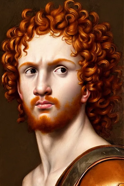 Image similar to renaissance painting of beautiful redhead man, curly hair, pleading face, tears dripping from the eyes, emotions closeup, dressed in roman armour, ultra detailed, made in bronze, art by Guido Reni style, Vincenzo Catena style