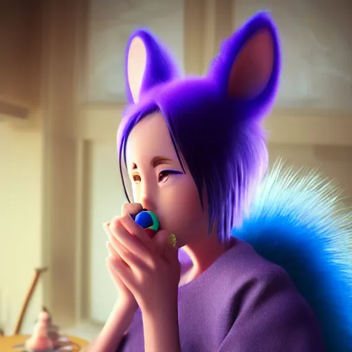 Image similar to ultra-realistic ultra-detailed woman eating a small sun the style of ghibli kazuo oga, blue and purple fur, big ears, toy room, DOF, soft lighting, unreal engine render