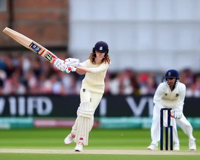 Prompt: emma watson opens the batting for england at lord's cricket ground, sports photography, 4 k