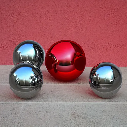 Prompt: chrome spheres on a red cube by robert beatty