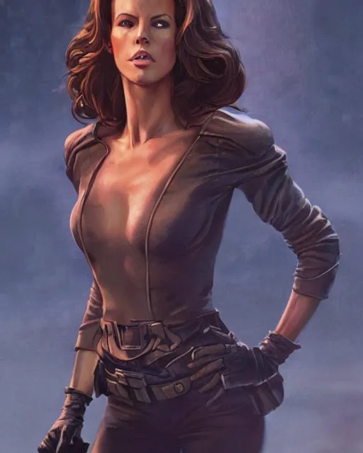 Image similar to kate beckinsale playing april o'neil. 1 9 8 0 s dystopian soviet russia, propaganda screens. unreal engine, fantasy art by jesper ejsing. faithfully depicted facial expression, perfect anatomy global illumination, radiant light, detailed and intricate environment