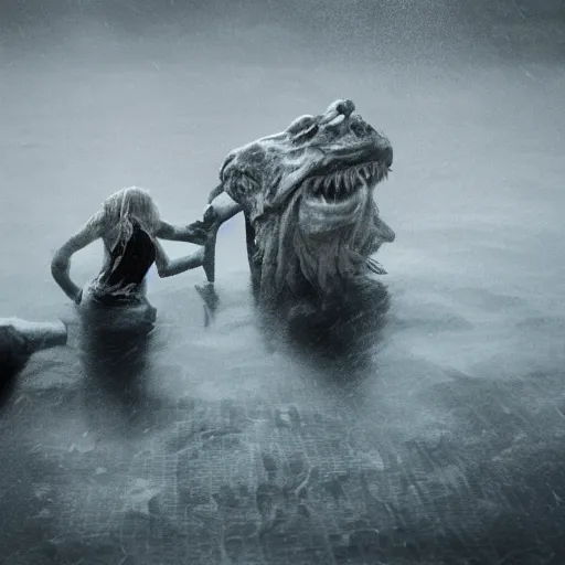 Image similar to sea monster about to eat pov underwater, pale skin, dark yellowish water, foggy water, dark, dramatic,'silent hill ', big eyes, alluring and terrifying, cinematic