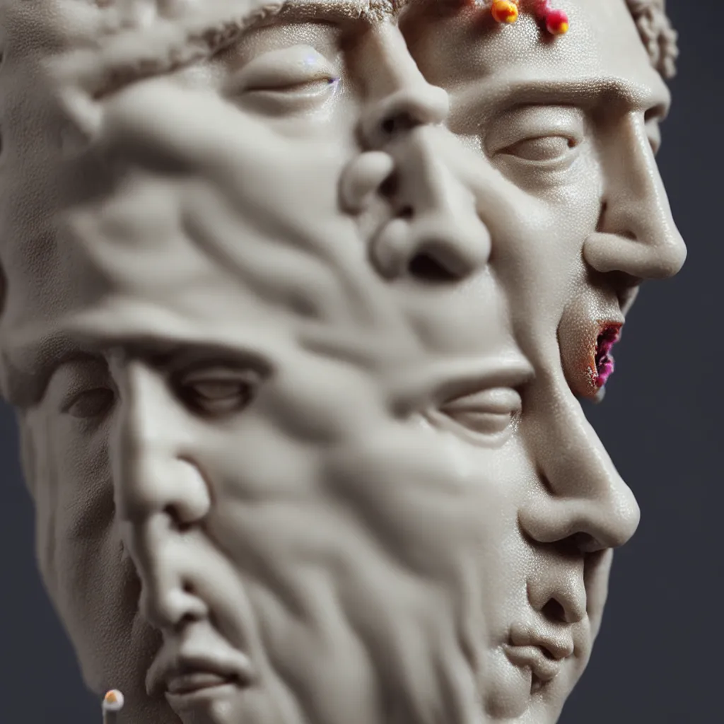 Prompt: a closeup photo - real delicate ceramic porcelain sculpture of an ornate detailed nicolas cage, made of lollypops, micro detail, backlit lighting, translucent, thin porcelain, octane renderer, colorful, physically based rendering, bubbles swirling around, by davinci