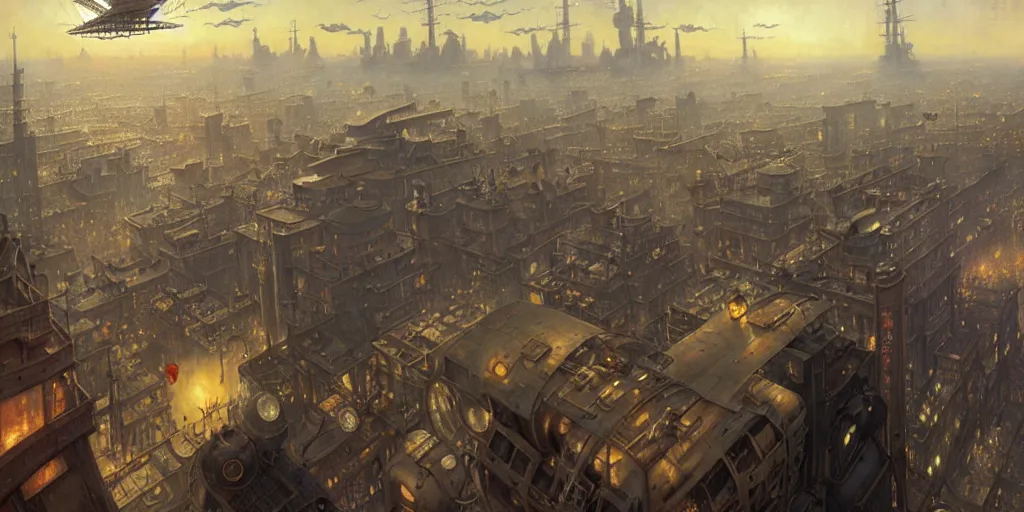 Image similar to steampunk airship above a busy city, exquisite details, denoised, mid view, by norman rockwell, karl kopinski, artsation, greg rutkowski, makoto shinkai, takashi takeuchi, studio ghibli