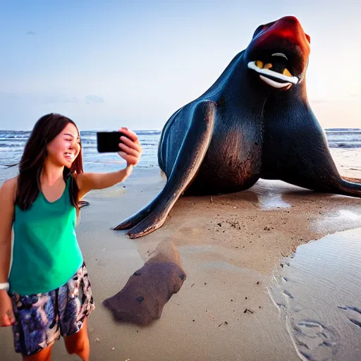 Prompt: Professional photograph, long shot, Smiling girl taking a selfie with a giant creature washed up on the beach