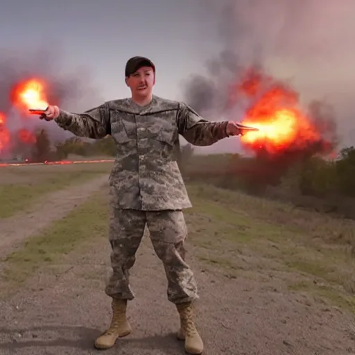 Prompt: mrbeast standing in front of an active military battlefield, posing, charismatic, gunfire, explosions in background