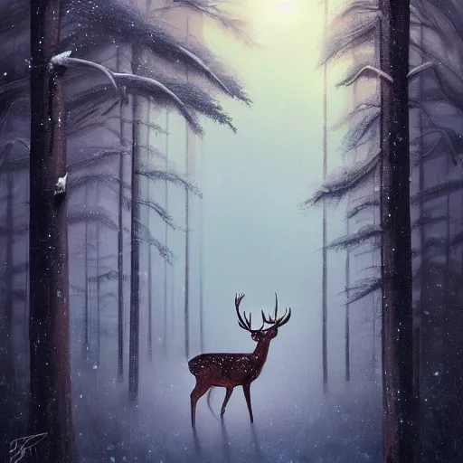 Prompt: a painting of a deer in a snowy forest, a digital painting by petros afshar, featured on deviantart, fantasy art, nightscape, digital illustration, official art