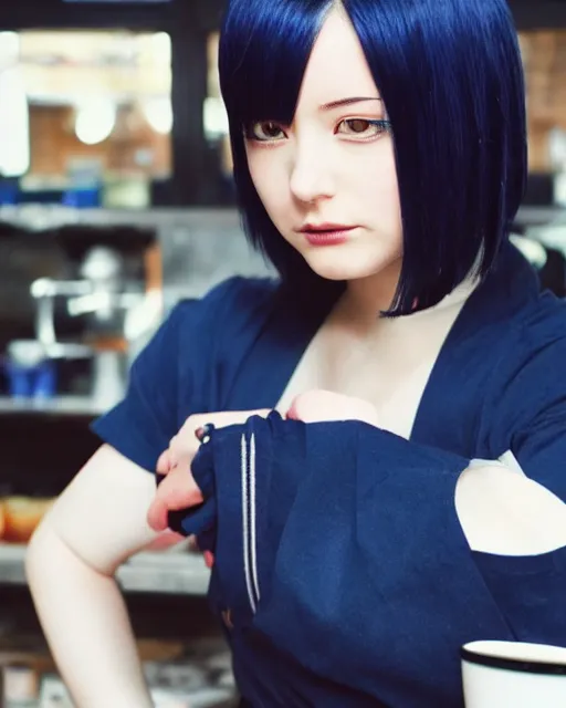 Prompt: touka kirishima from tokyo ghoul as a barista, in a coffee shop, dark blue hair, modern fashion, half body shot, anime key visual, female beauty, risque, f / 2 0, symmetrical face, warm colors, natural indoor lighting, depth of field