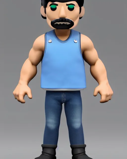 Image similar to 3 d render of freddie mercury, white sleeveless tank top blue jeans as a funko pop!, four, studio lighting, white background, single body, no shadow, blender, trending on artstation, 8 k, highly detailed