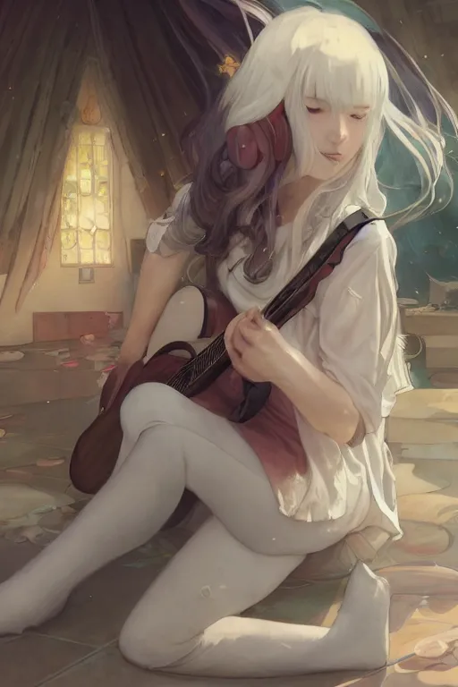 Image similar to a white haired girl with a guitar on her back sitting on the floor taking off her socks, 4 5 angel by krenz cushart and mucha and akihito yoshida and greg rutkowski, 4 k resolution blackmagic ursa mini pro 1 2 k canon fujifilm sony alpha nikon