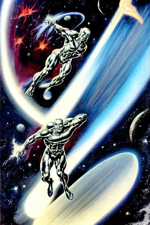 Image similar to Silver Surfer flying through space, by Frank Frazetta