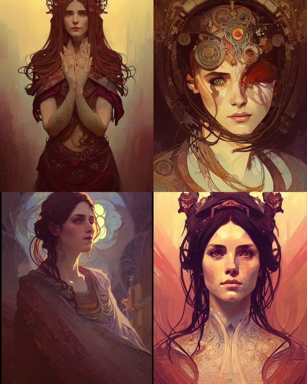 Prompt: portrait by greg rutkowski and alphonse mucha, style of android jones and alena aenami, ancient rome, ornate, detailed, digital painting, artstation, smooth lighting, sharp focus