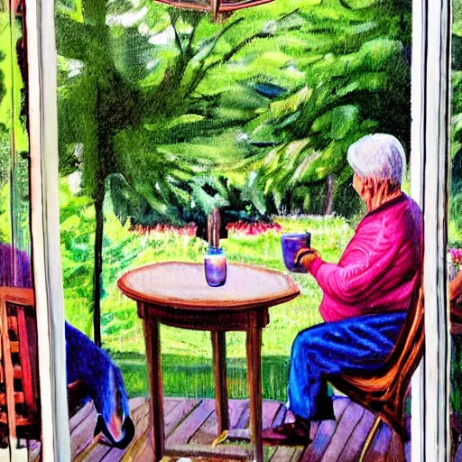 Prompt: view through a window with an older couple sitting on their patio deck drinking coffee in the morning, by cathy brown